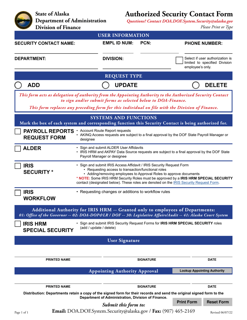 Authorized Security Contact Form - Alaska, Page 1