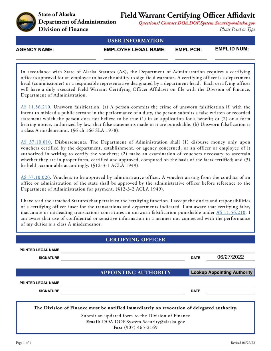 Alaska Field Warrant Certifying Officer Affidavit Fill Out, Sign