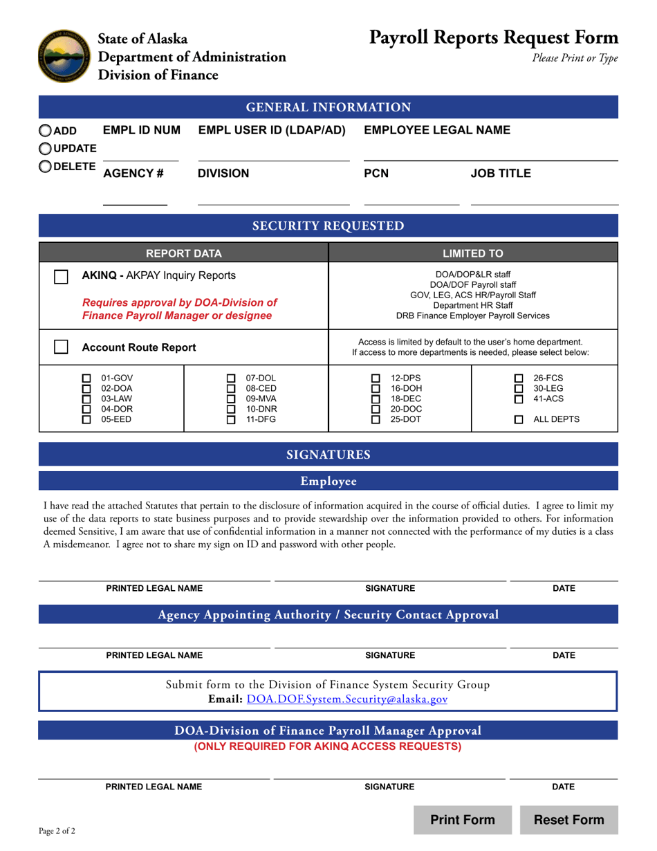 Alaska Payroll Reports Request Form Download Fillable PDF 2017 — 2024