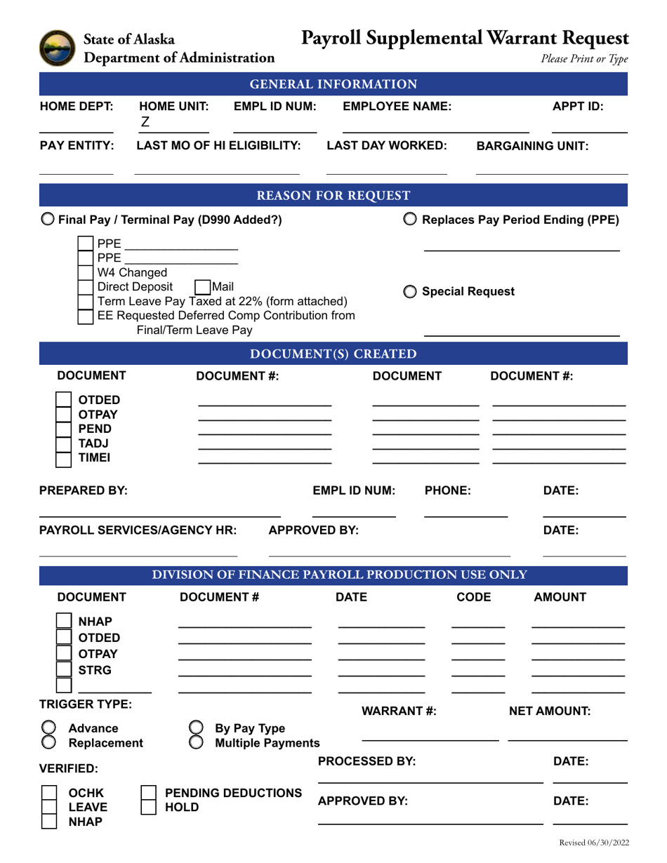 Payroll Supplemental Warrant Request - Alaska, Page 1