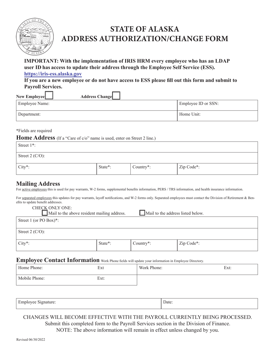 Address Authorization / Change Form - Alaska, Page 1