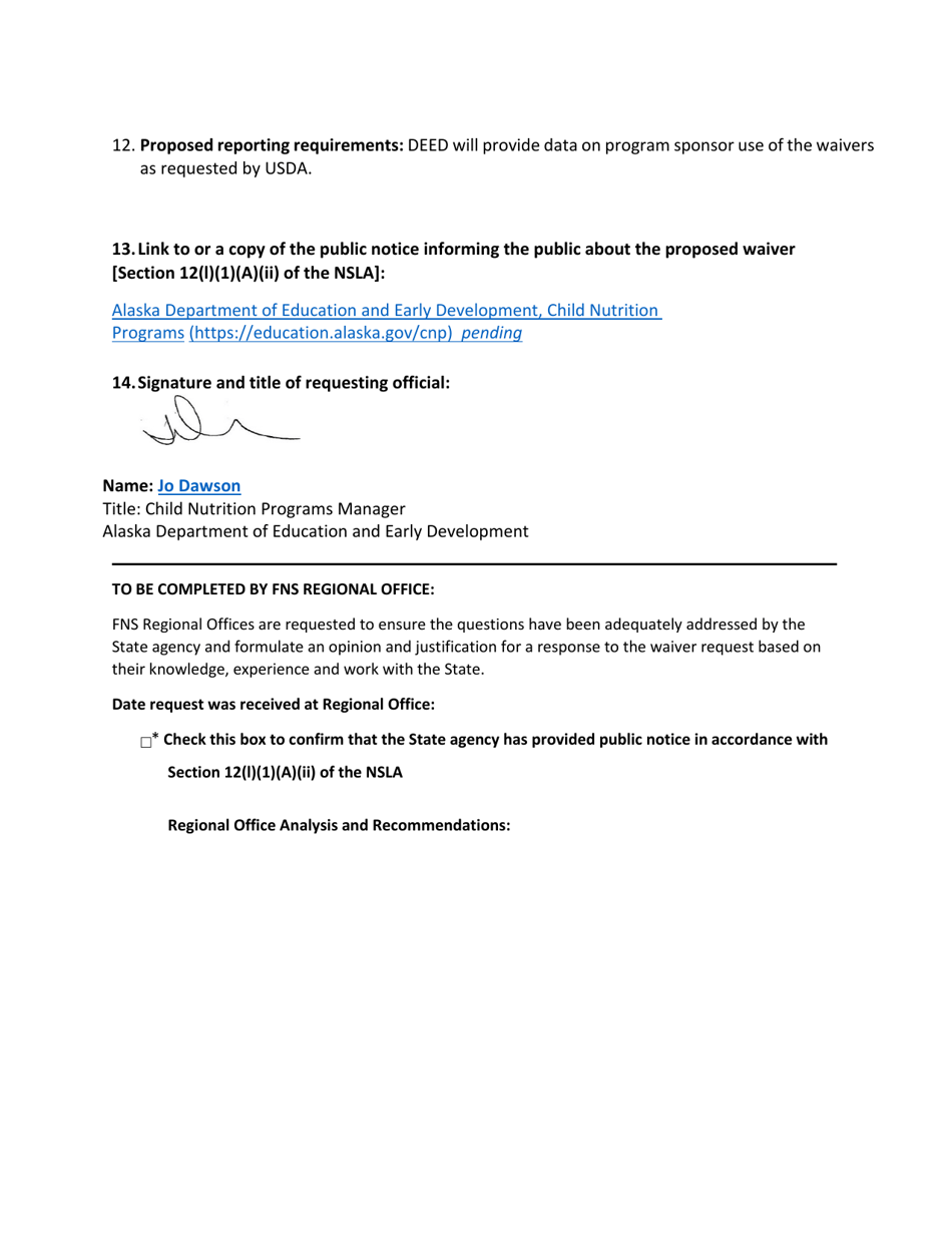 Child Nutrition Program State Waiver Request - Alaska, Page 3