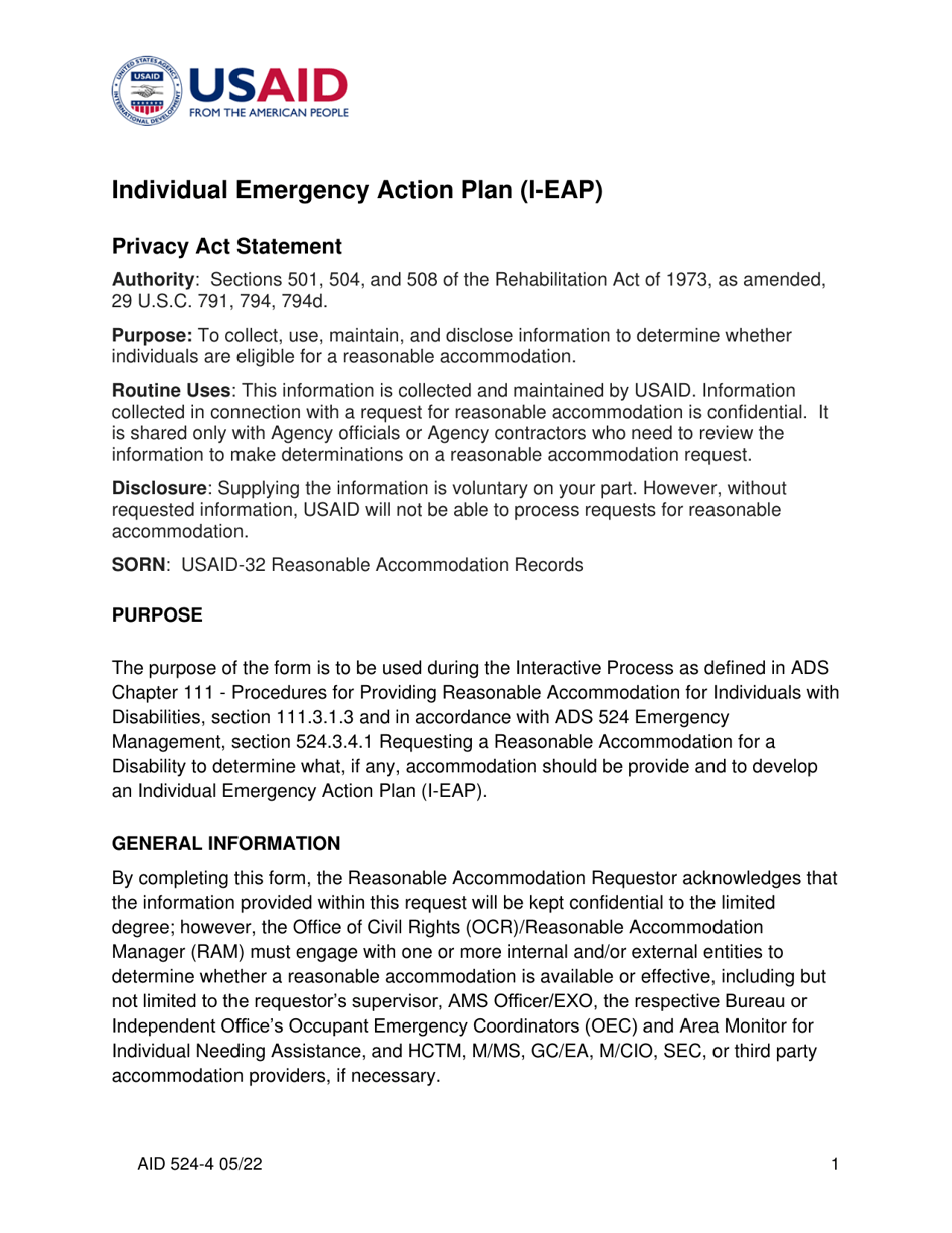 Form AID524-4 Individual Emergency Action Plan (I-Eap), Page 1