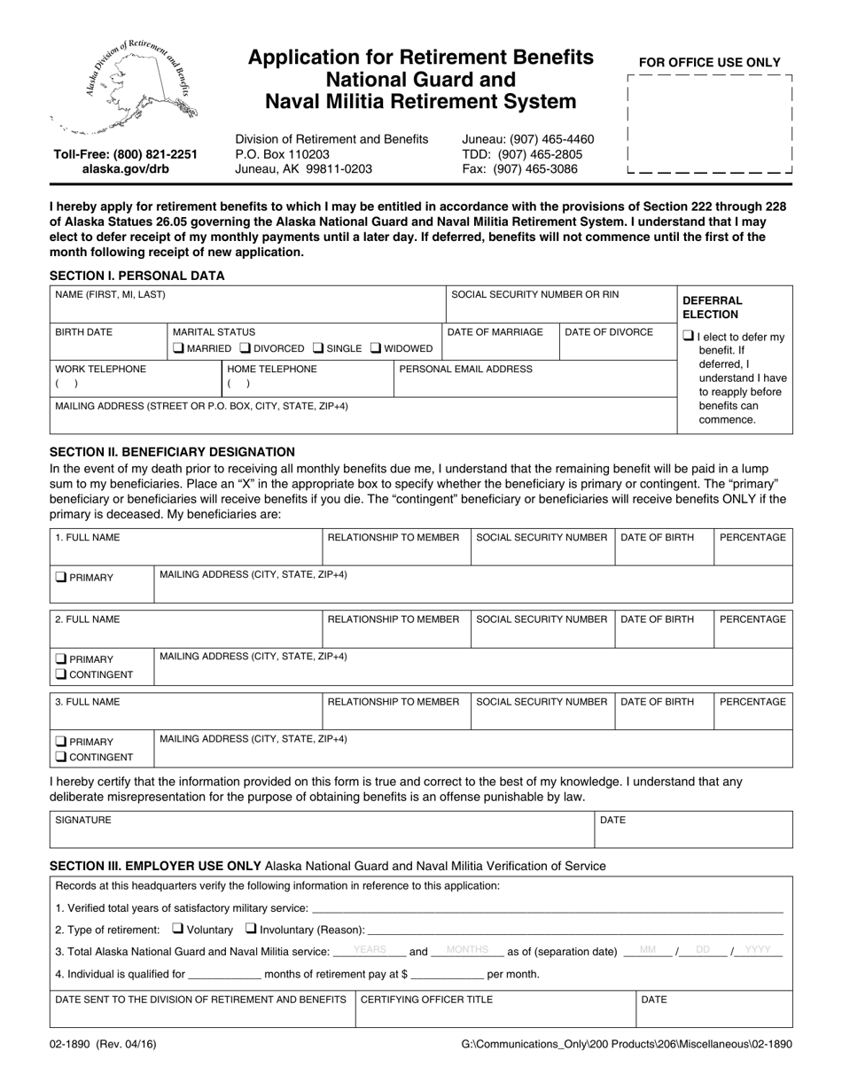 Form 02-1890 Application for Retirement Benefits - National Guard and Naval Militia Retirement System - Alaska, Page 1