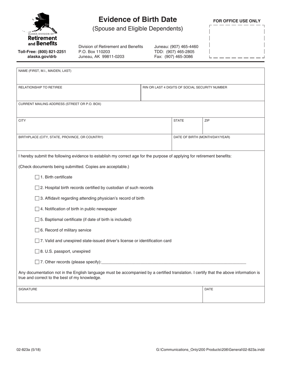 Form 02-823A Evidence of Birth Date (Spouse and Eligible Dependents) - Alaska, Page 1