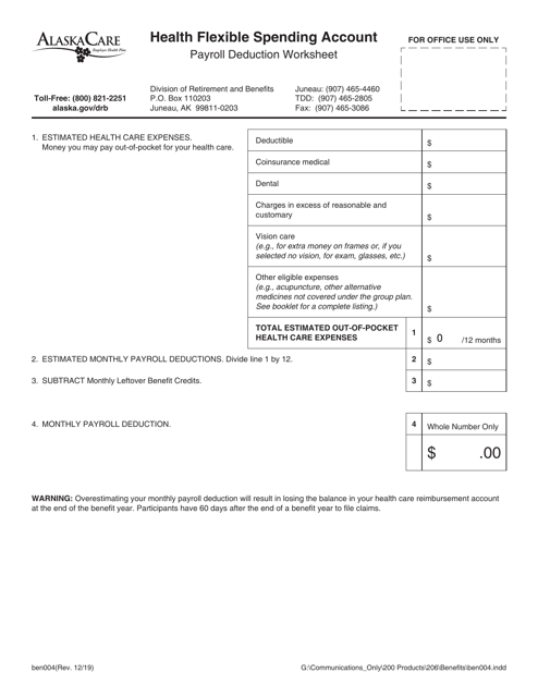Form BEN004 Health Flexible Spending Account Payroll Deduction Worksheet - Alaska