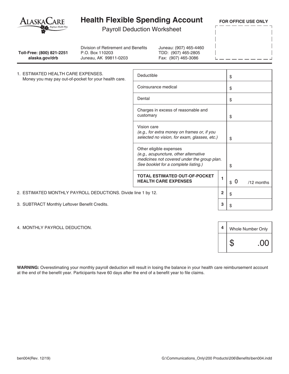 Form BEN004 Health Flexible Spending Account Payroll Deduction Worksheet - Alaska, Page 1