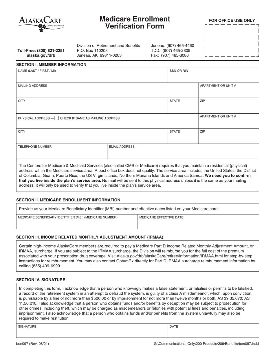 Form BEN097 Medicare Enrollment Verification Form - Alaska, Page 1
