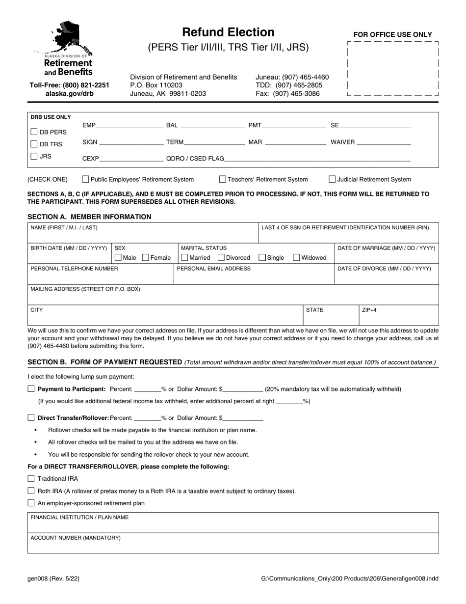 Form GEN008 Refund Election (Pers Tier I / II / Iii, Trs Tier I / II, Jrs) - Alaska, Page 1