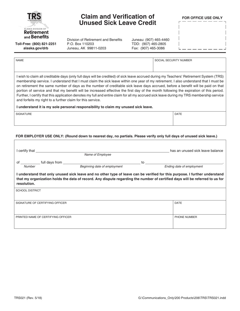 Form TRS021 Claim and Verification of Unused Sick Leave Credit - Alaska, Page 1