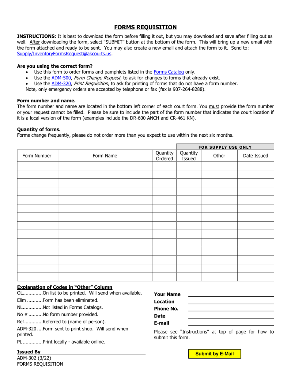 Form ADM-302 Forms Requisition - Alaska, Page 1