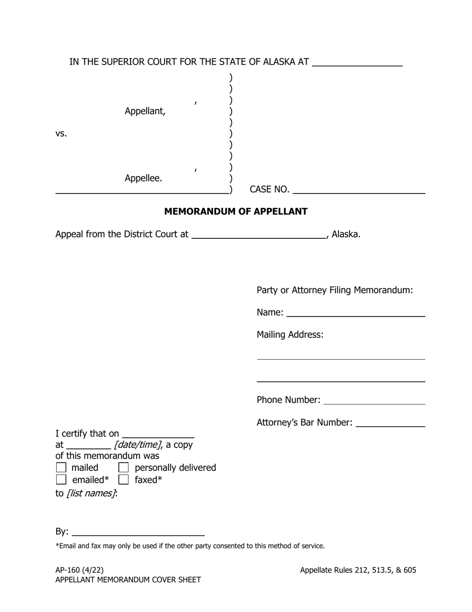 Form AP-160 Memorandum of Appellant - Alaska, Page 1