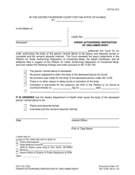 Document preview: Form CIV-716 Order Authorizing Disposition of Unclaimed Body - Alaska