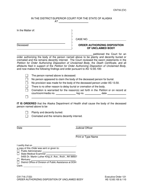 Form CIV-716 Order Authorizing Disposition of Unclaimed Body - Alaska