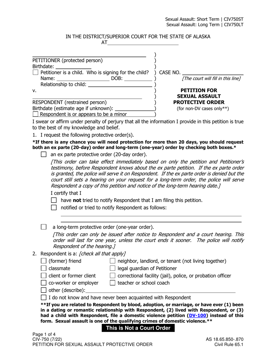 Form CIV-750 Petition for Sexual Assault Protective Order - Alaska, Page 1
