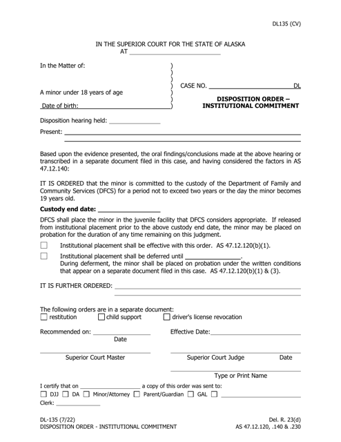 Form DL-135 Disposition Order - Institutional Commitment - Alaska