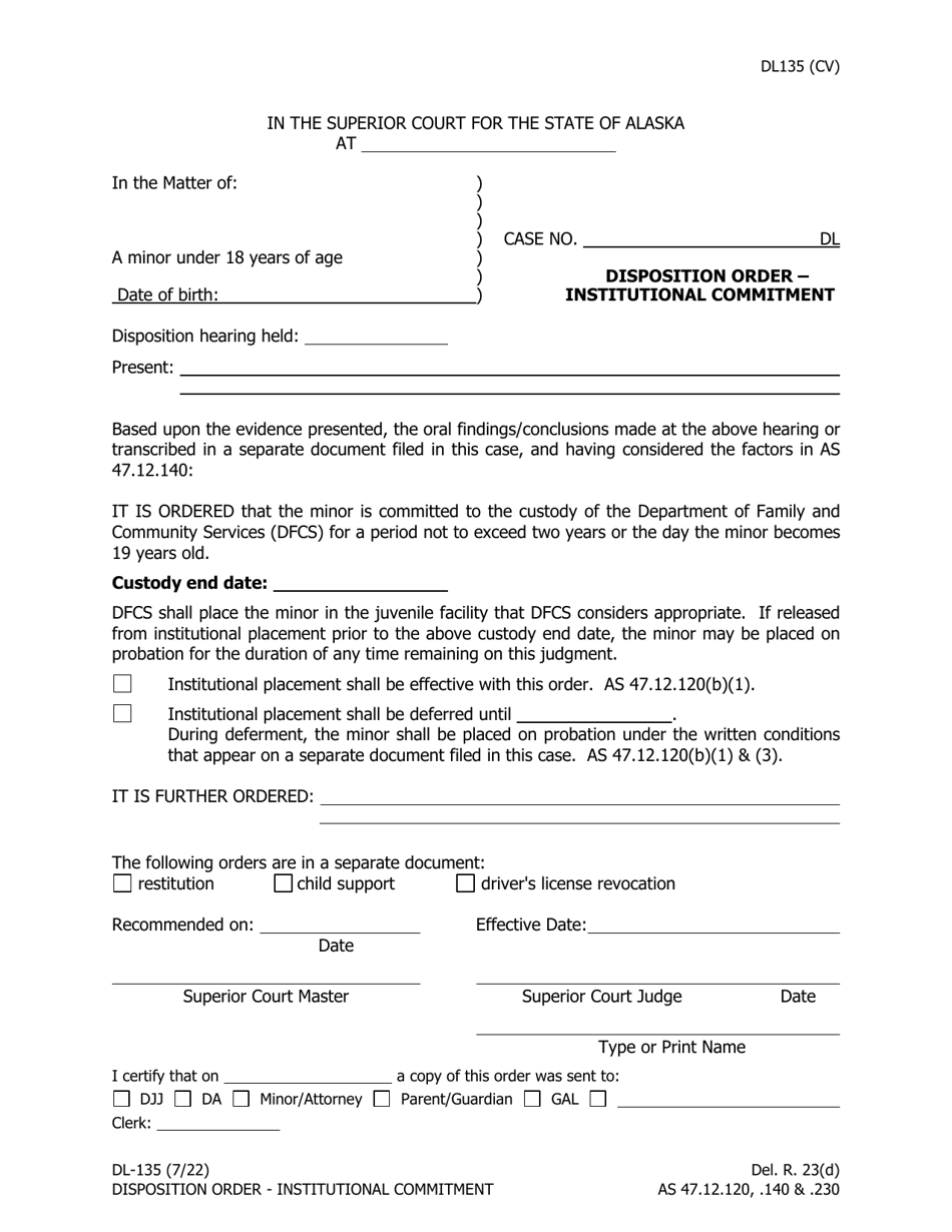 Form DL-135 Disposition Order - Institutional Commitment - Alaska, Page 1