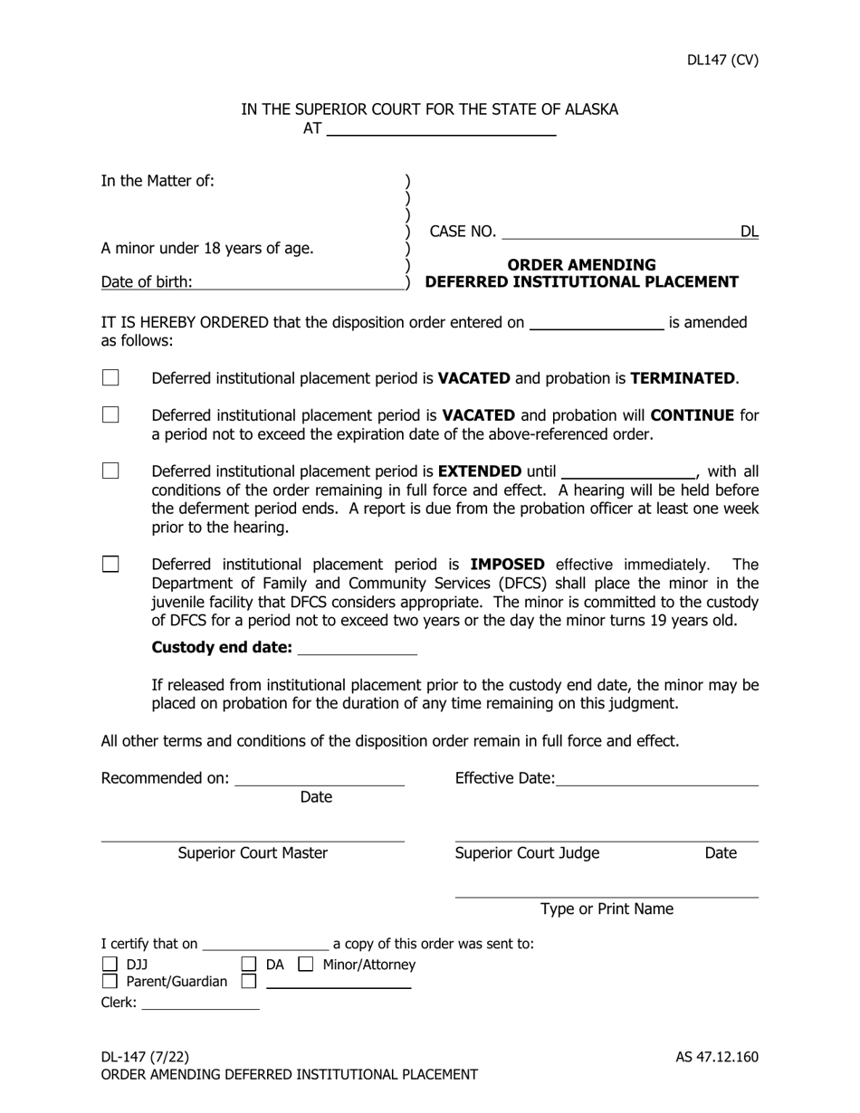 Form DL-147 Order Amending Deferred Institutional Placement - Alaska, Page 1