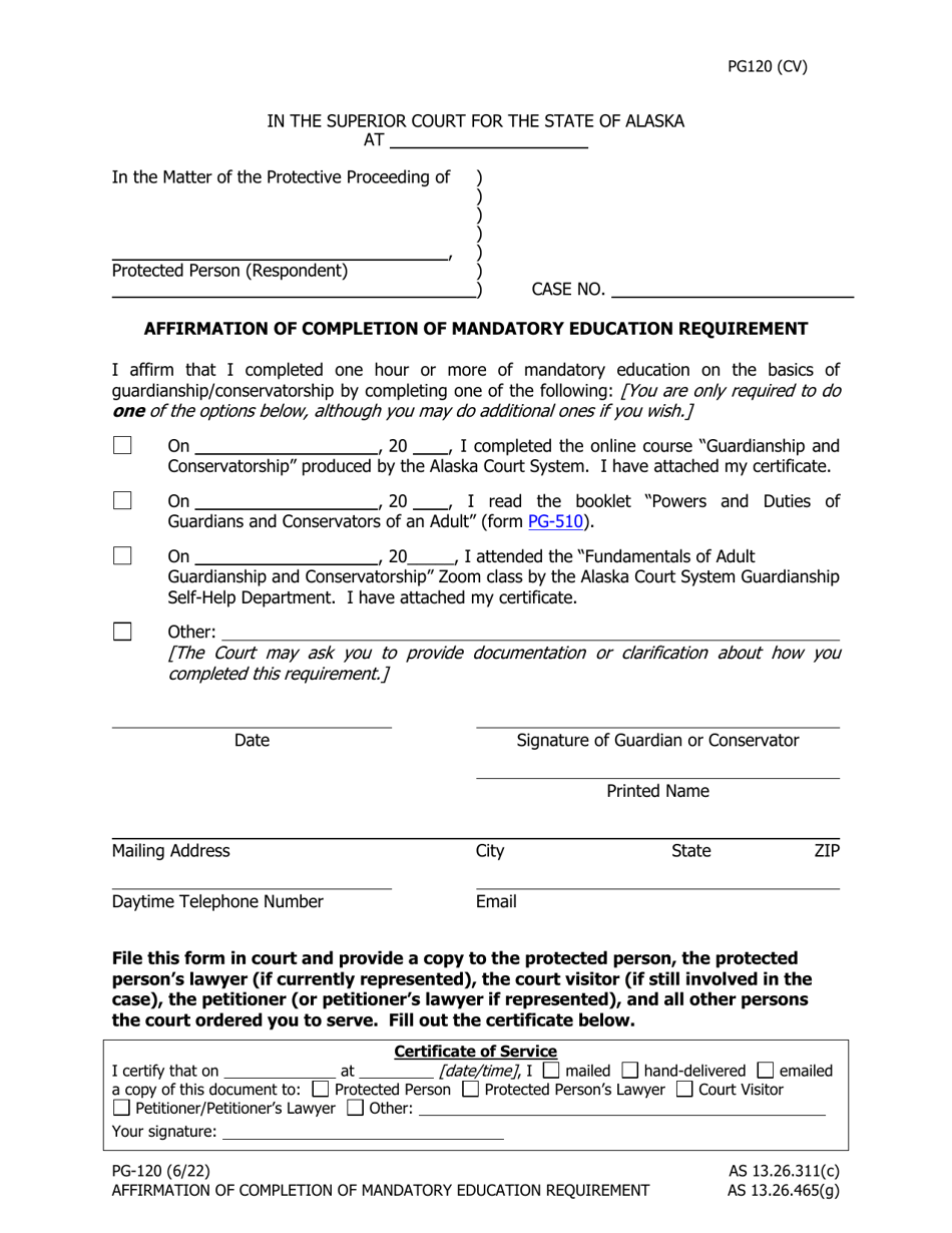 Form PG-120 Affirmation of Completion of Mandatory Education Requirement - Alaska, Page 1