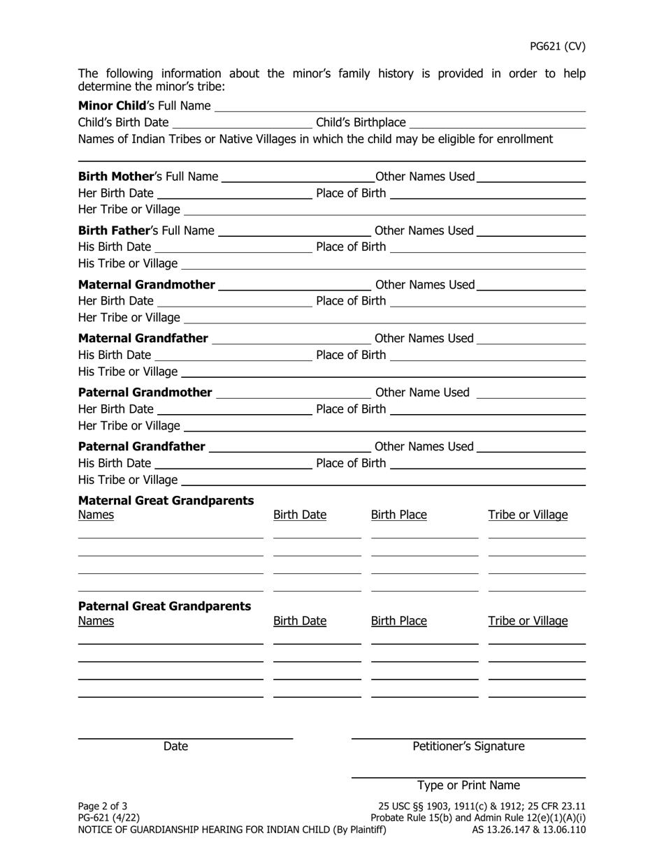 Form PG-621 Notice of Guardianship Hearing for Indian Child (By Petitioner) - Alaska, Page 2