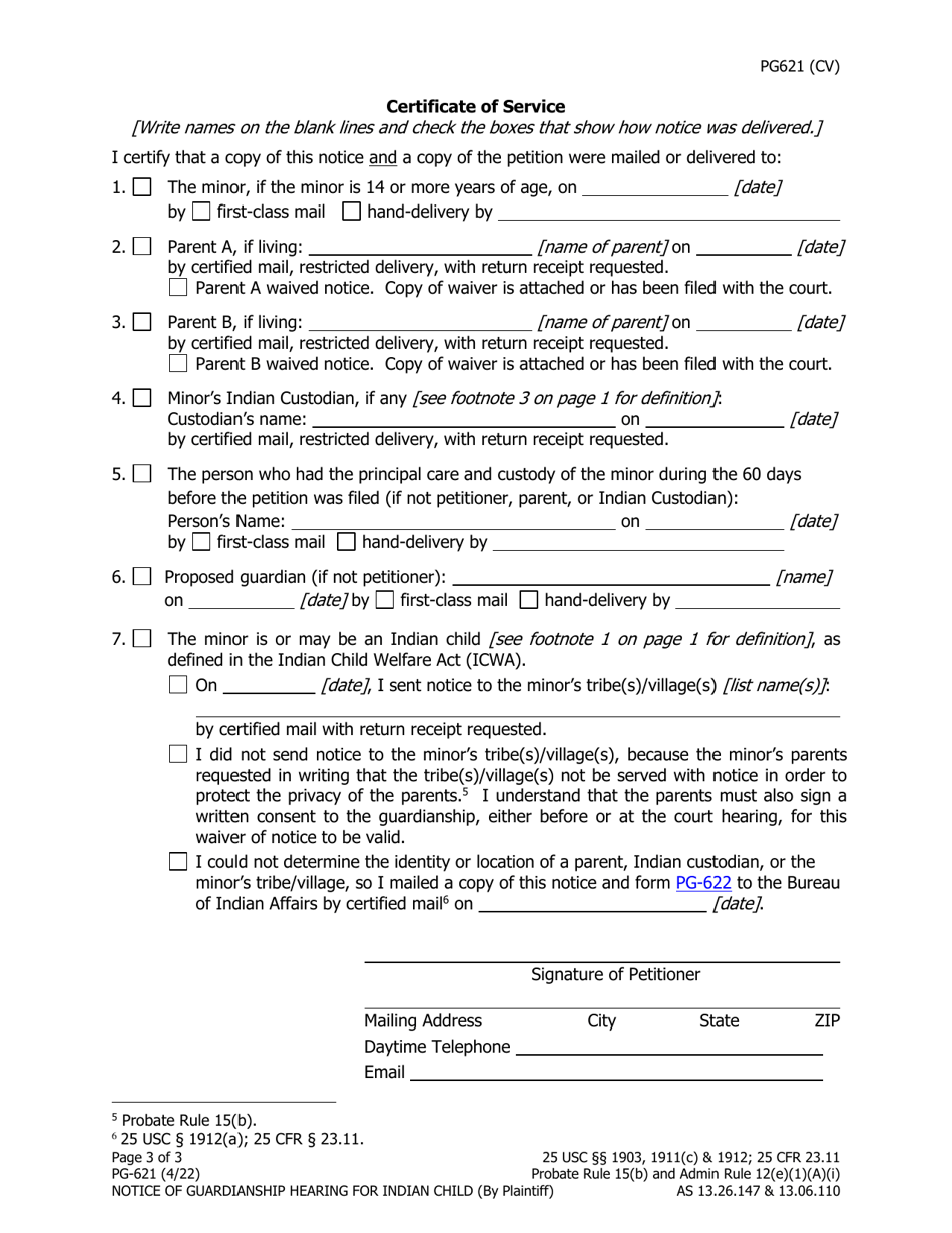 Form PG-621 Notice of Guardianship Hearing for Indian Child (By Petitioner) - Alaska, Page 3