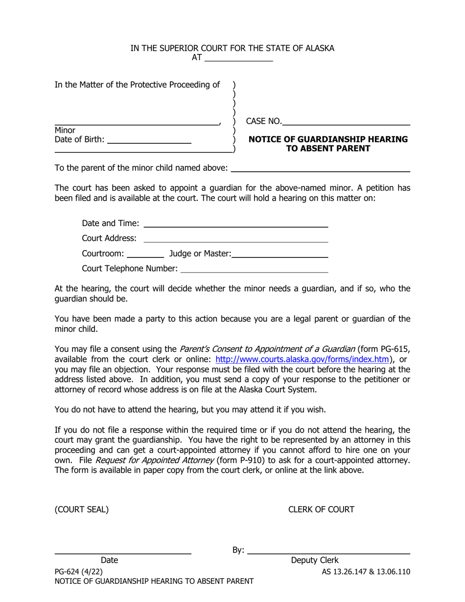 Form PG-624 Notice of Guardianship Hearing to Absent Parent - Alaska, Page 1