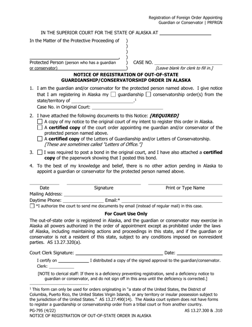 Form PG-795 Notice of Registration of Out-of-State Guardianship/Conservatorship Order in Alaska - Alaska