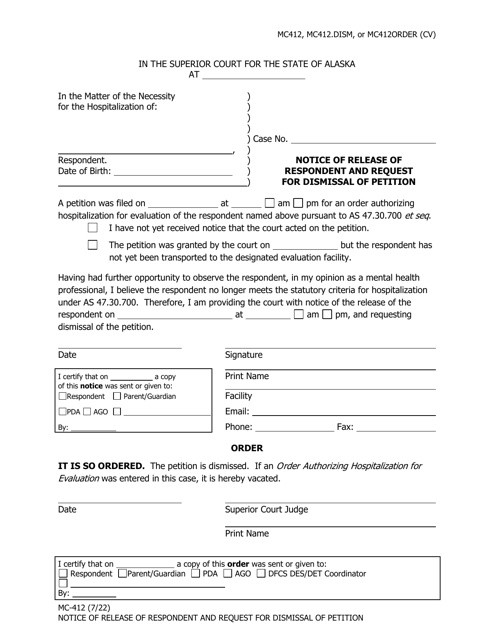 Form MC-412 Notice of Release of Respondent and Request for Dismissal of Petition - Alaska