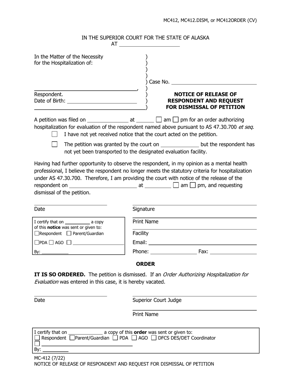 Form MC-412 Notice of Release of Respondent and Request for Dismissal of Petition - Alaska, Page 1