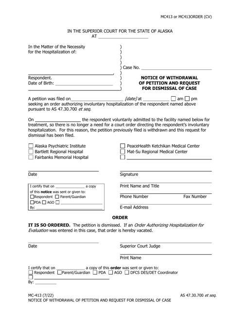 Form MC-413 Notice of Withdrawal of Petition and Request for Dismissal of Case - Alaska