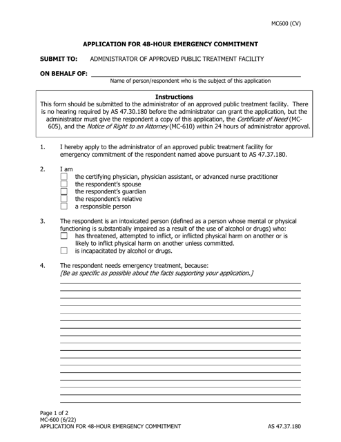 Form MC-600 Application for 48-hour Emergency Commitment - Alaska