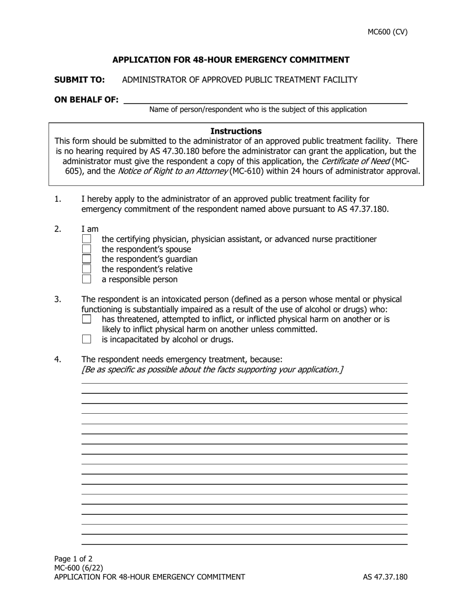 Form MC-600 Application for 48-hour Emergency Commitment - Alaska, Page 1