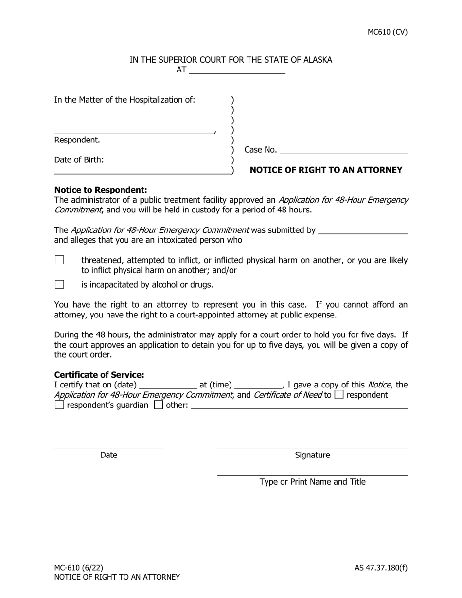 Form MC-610 Notice of Right to an Attorney - Alaska, Page 1
