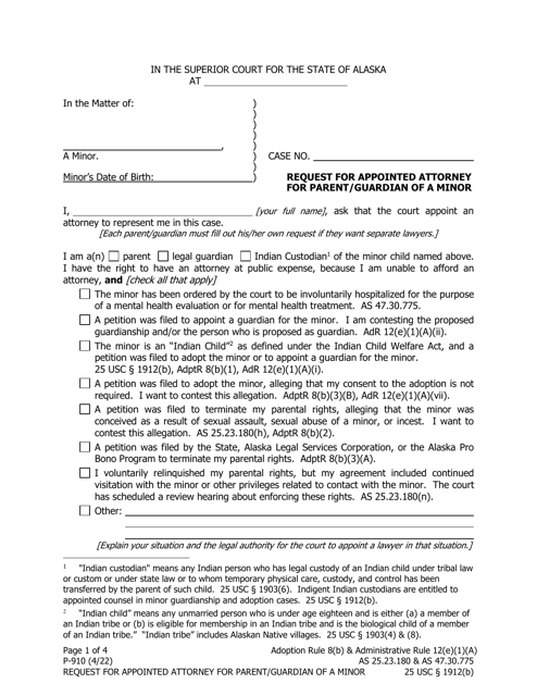 Form P-910 Request for Appointed Attorney for Parent/Guardian of a Minor - Alaska