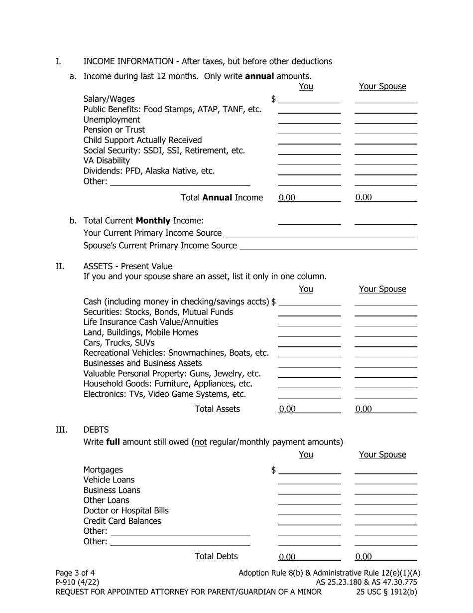 Form P-910 Request for Appointed Attorney for Parent / Guardian of a Minor - Alaska, Page 3