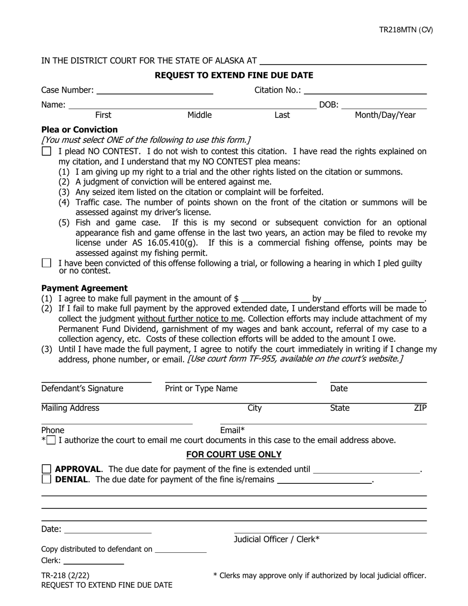 Form TR-218 Request to Extend Fine Due Date - Alaska, Page 1