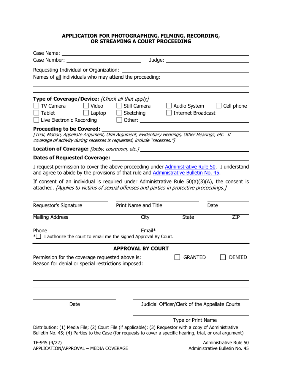 Form TF-945 Application for Photographing, Filming, Recording, or Streaming a Court Proceeding - Statewide - Alaska, Page 1