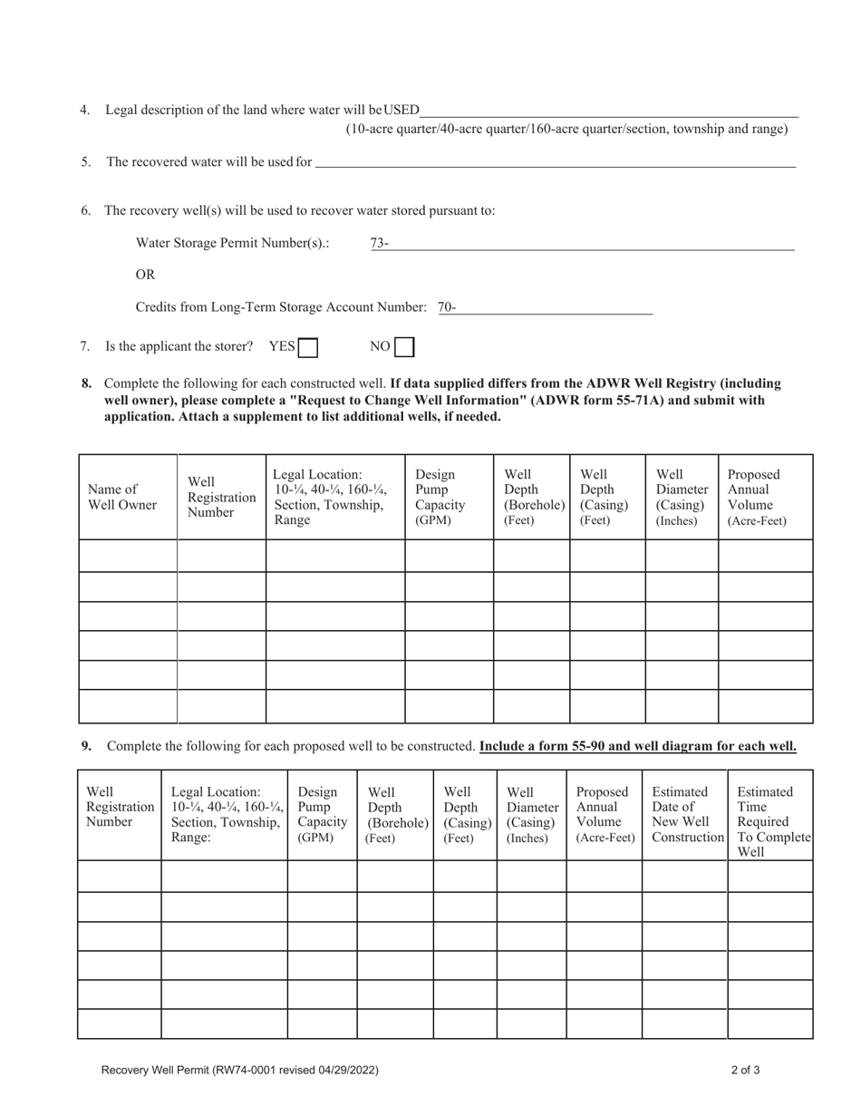 Form RW74-0001 Application for a Recovery Well Permit - Arizona, Page 2