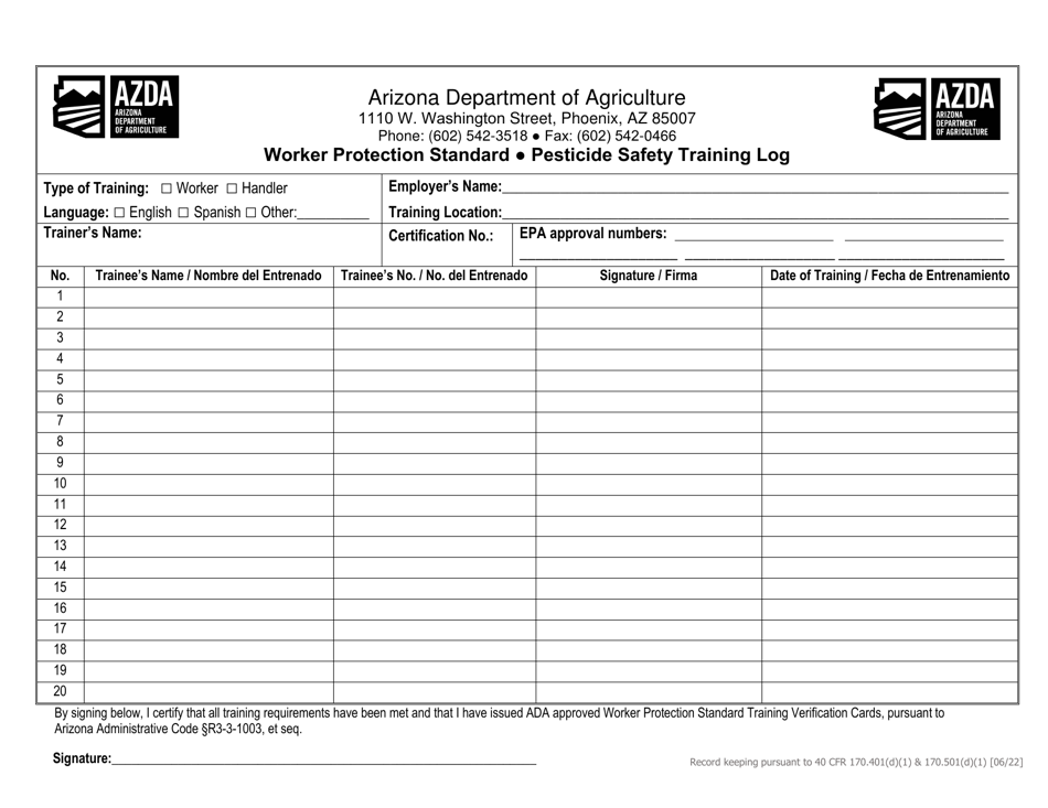 Pesticide Safety Training Log - Arizona, Page 1