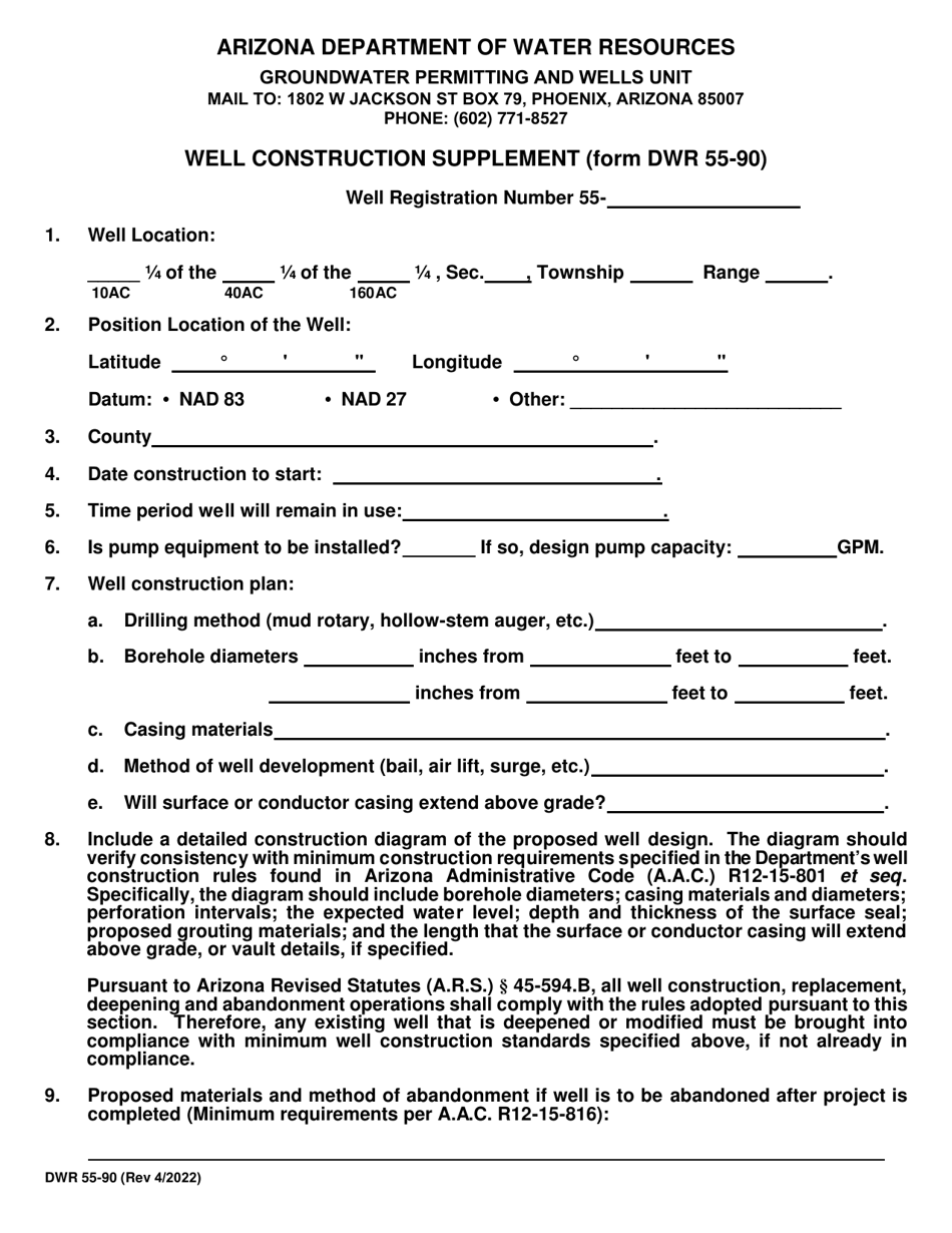 Form DWR55-90 Well Construction Supplement - Arizona, Page 1