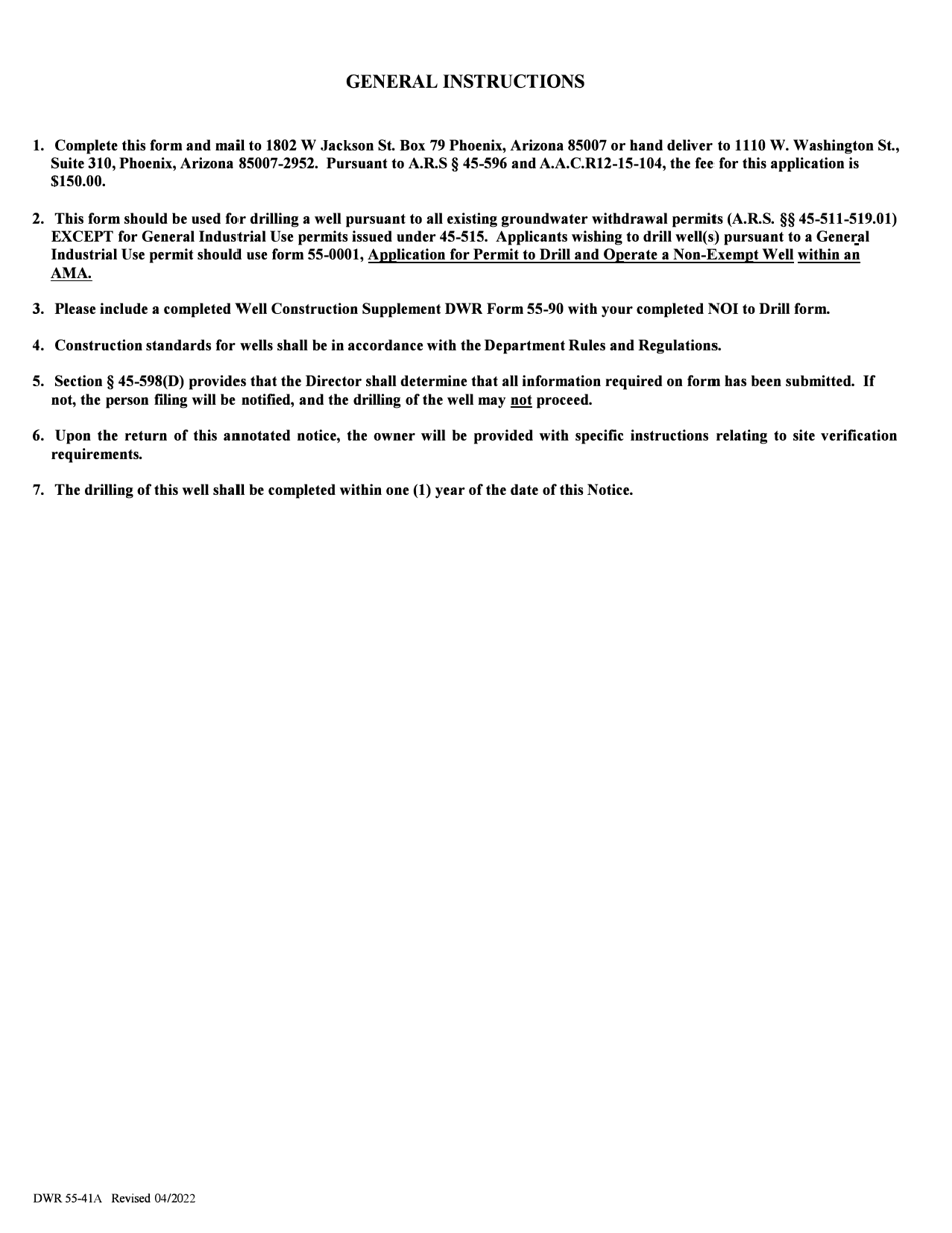 Instructions for Form DWR55-41A Notice of Intention to Drill a Non-exempt Well Pursuant to a Groundwater Withdrawal Permit (Other Than a General Industrial Use Permit) in an Active Management Area - Arizona, Page 1