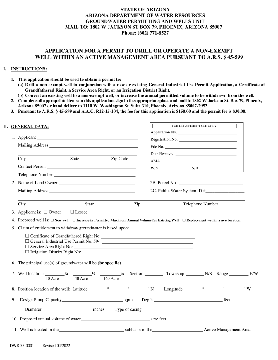 Form DWR55-0001 Application for a Permit to Drill or Operate a Non-exempt Well Within an Active Management Area Pursuant to a.r.s. 45-599 - Arizona, Page 1
