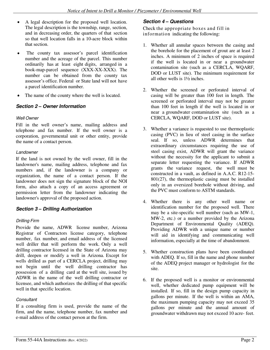 Instructions for Form DWR55-44A Notice of Intention to Drill, Deepen, or Modify a Monitor / Piezometer / Environmental Well - Arizona, Page 2