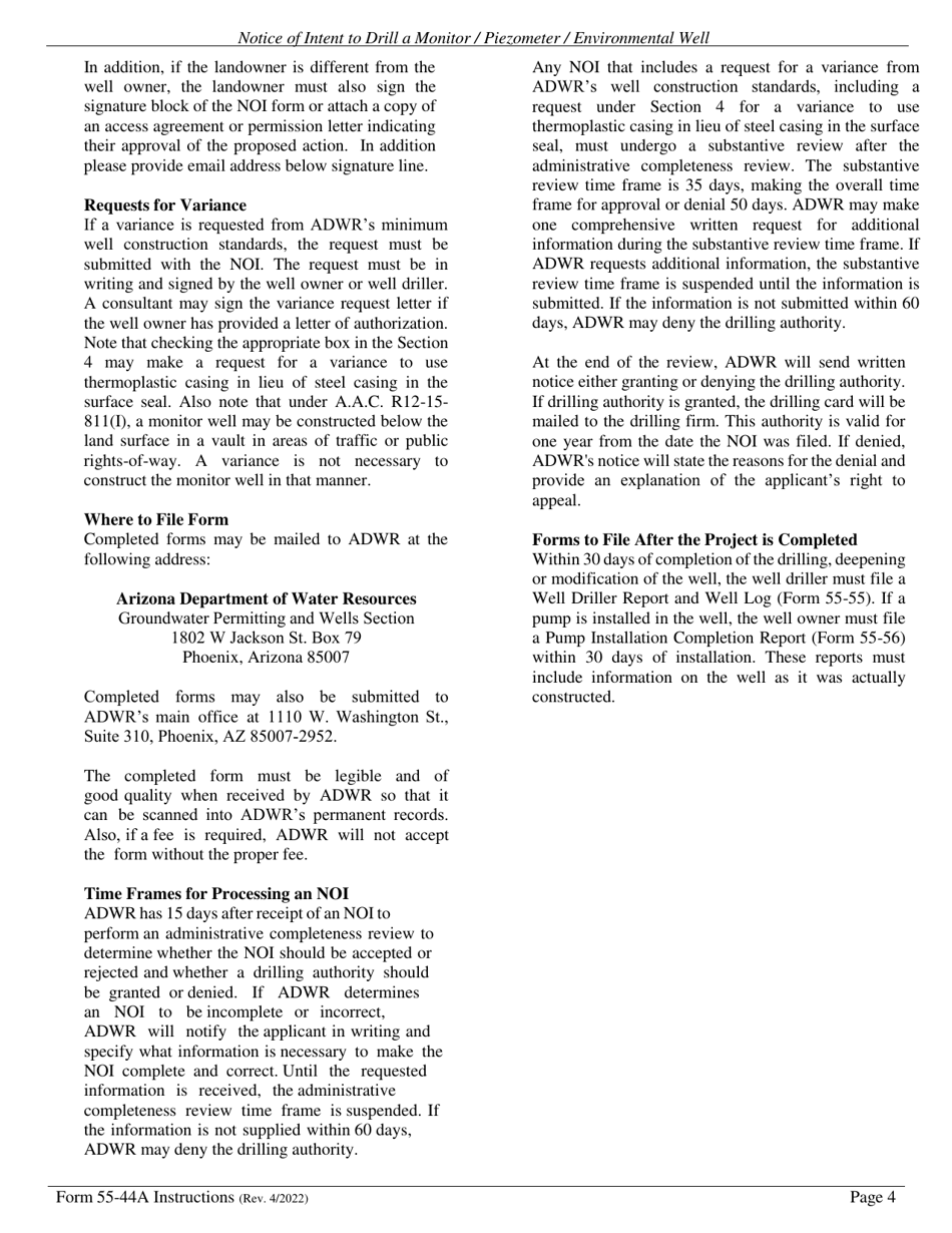 Instructions for Form DWR55-44A Notice of Intention to Drill, Deepen, or Modify a Monitor / Piezometer / Environmental Well - Arizona, Page 4