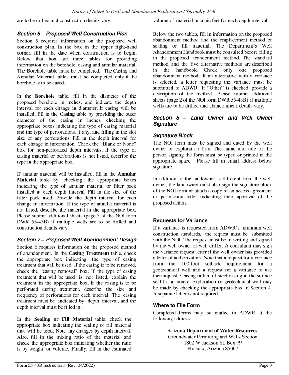 Instructions for DWR Form 55-43B Notice of Intent to Drill and Abandon an Exploration / Specialty Well - Arizona, Page 3