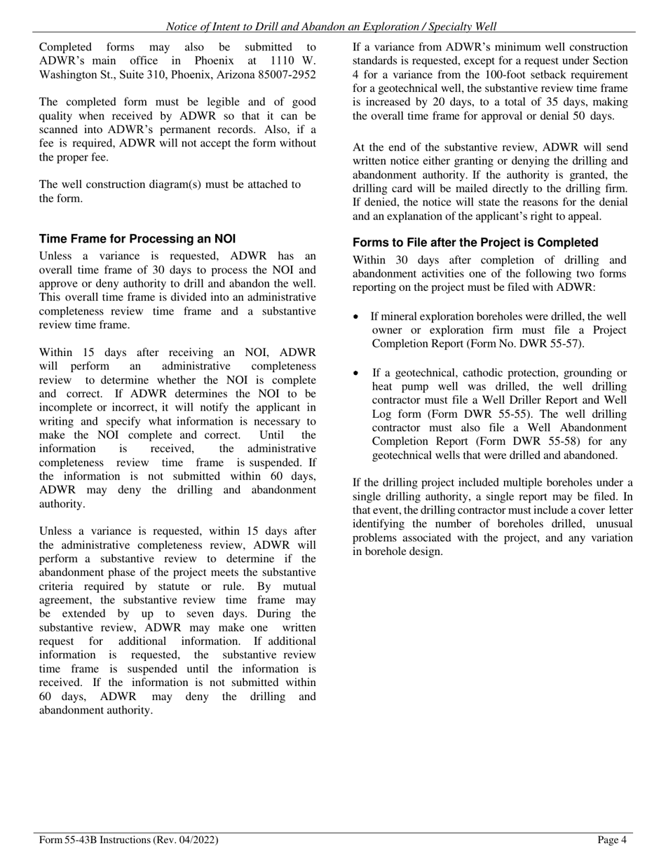Instructions for DWR Form 55-43B Notice of Intent to Drill and Abandon an Exploration / Specialty Well - Arizona, Page 4