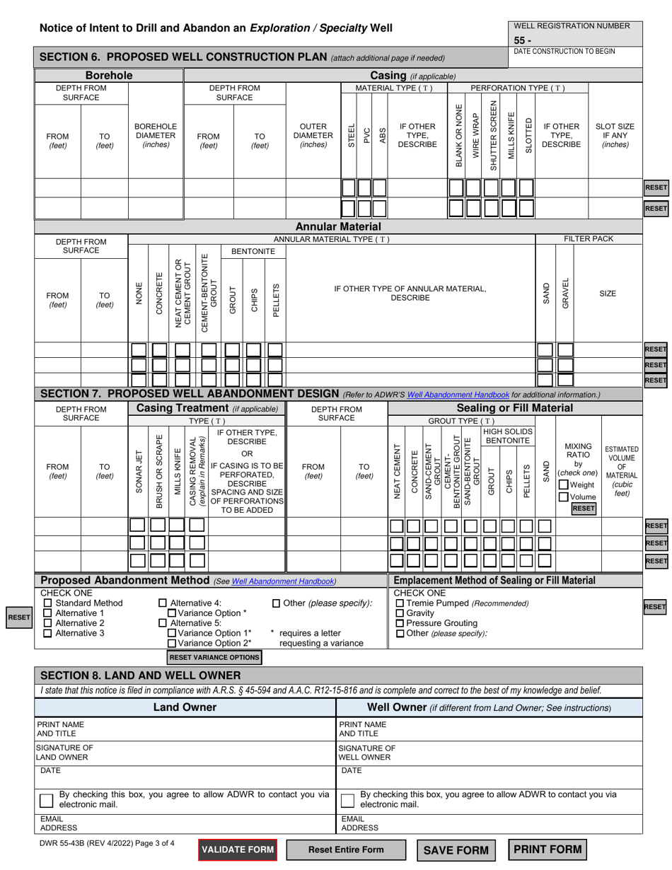 Form DWR55-43B Notice of Intention to Drill and Abandon an Exploration / Specialty Well - Arizona, Page 3