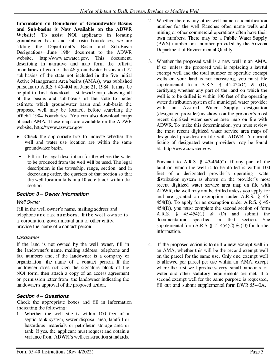 Instructions for Form DWR55-40 Notice of Intent to Drill, Deepen, Replace or Modify a Well (Except a Non-exempt Well in an Active Management Area) - Arizona, Page 3