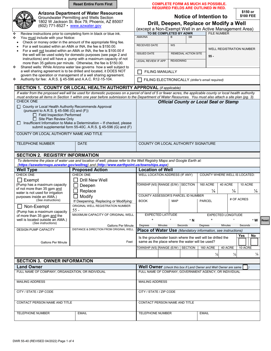 Form DWR5540 Download Fillable PDF or Fill Online Notice of Intention
