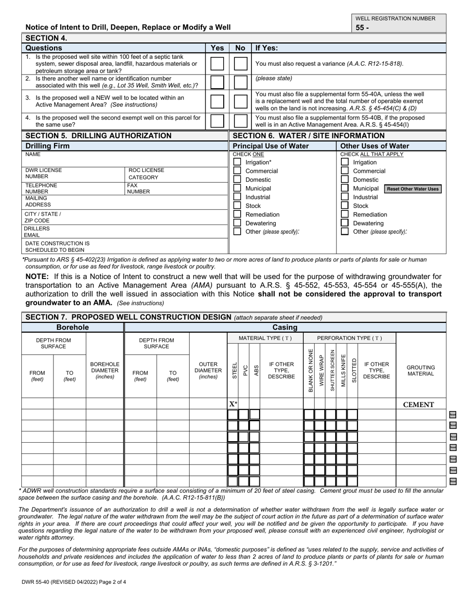 Form DWR55-40 Notice of Intention to Drill, Deepen, Replace or Modify a Well (Except a Non-exempt Well in an Active Management Area) - Arizona, Page 2